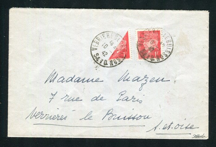 法國 1942 - Verrières le Buisson 的 Superbe & Rare 本地信件 n° 514 Coupé en deux