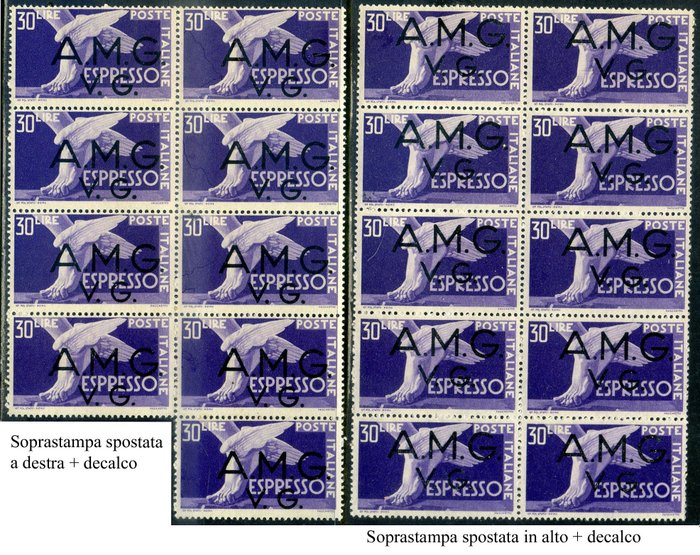 Triest - Venezia Giulia 1946 - 2 values expressed. Eight blocks with movements of the overprint and/or decal of the same. - Sassone E1/2