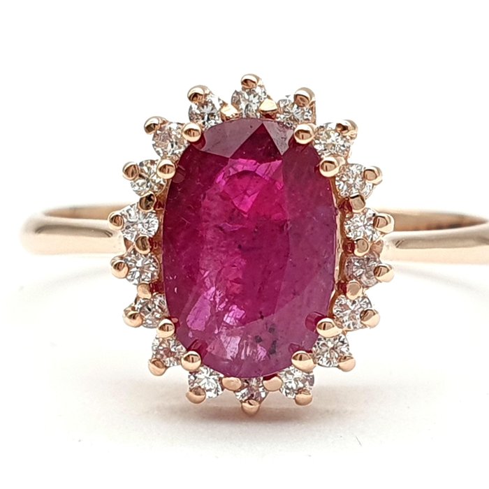 Ring - 14 karat Rosegull Rubin - Diamant 