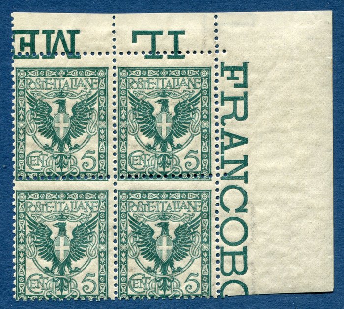 Ιταλία 1901 - Σειρά Floréal: Block of 4 of 5c Green, Leaf Corner, New χωρίς μεντεσέ - Sassone n 70lcb x4 CdF