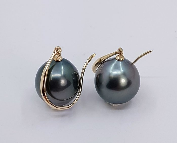 No Reserve Price - 10x11mm Peacock Tahitian Pearl Drops - Earrings - 14 kt. Yellow gold 