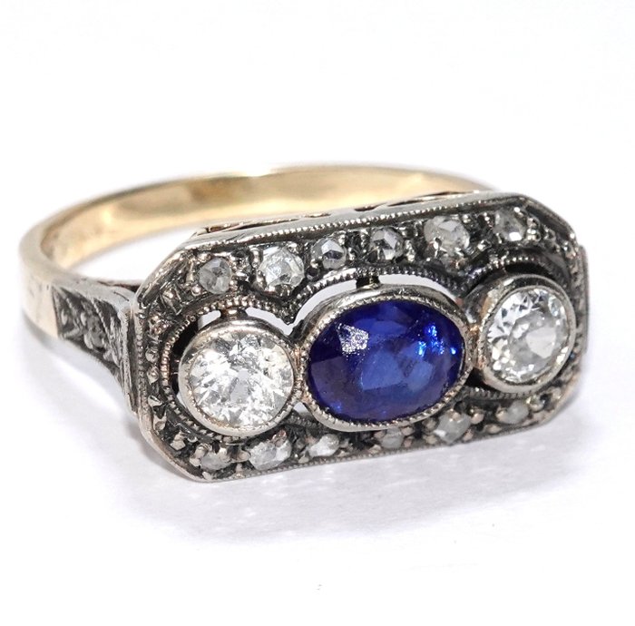Ring - 14 kt. White gold, Yellow gold -  1.82 tw. Diamond  (Natural) - Sapphire 