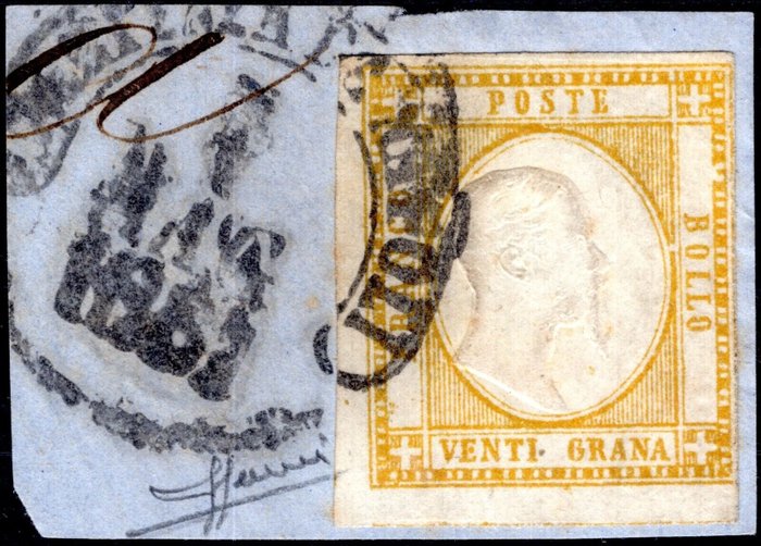Anciens états italiens 1861 - Pr Napoletane - 20 grains jaune orangé sur fragment - Sassone 23a