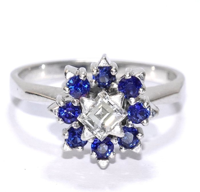 戒指 - 18K包金 白金 -  0.76 tw. 钻石  (天然) - 蓝宝石 