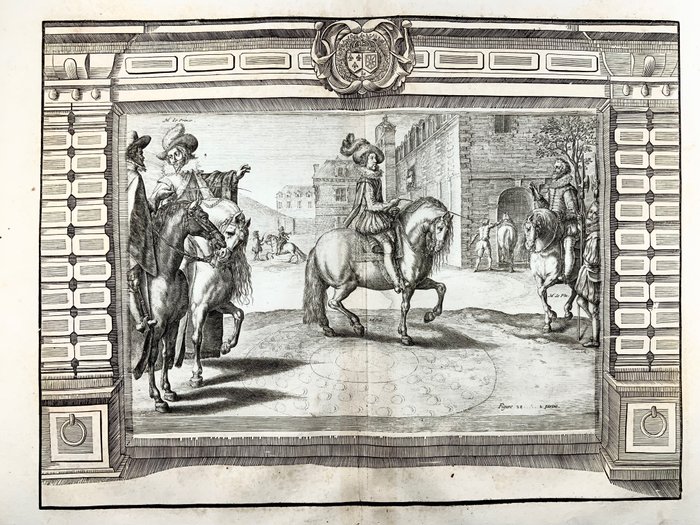 Crispian De Passe (1597-1670) - Double Folio engraving, hand coloured, Horses, riding, equestrian