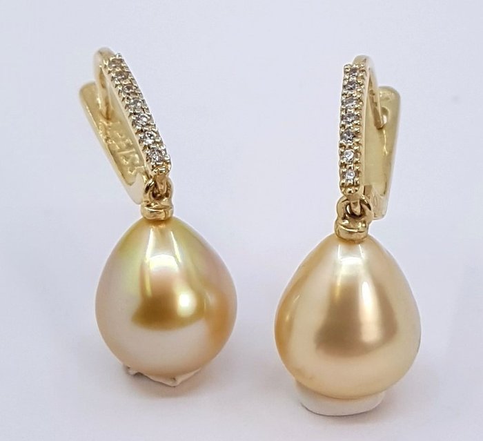 10mm Deep Golden South Sea Pearls - 0.11Ct Øredobber - Gull 