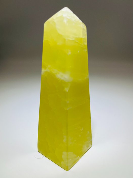 -无保留 - 阳光亲吻的柠檬方解石 - 塔 - 方尖碑 - AAA 品质 - 超级稀有 -天然石材 - 治疗石 - 完美装饰 - 高度: 128 mm - 宽度: 41 mm- 381 g - (1)