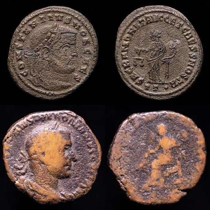 Rooman imperiumi. Constantius I & Trebonianus Gallus. Lot comprising two (2) coins. Sestertius & Follis Rome & Ticinium mint. IVNONI MARTIAL / SACRA MONET AVGG ET CAESS NOSTR / TT