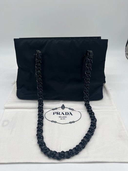 Prada - Prada Black Chain Tote Tessuto Shopper 870605 - Skuldertaske