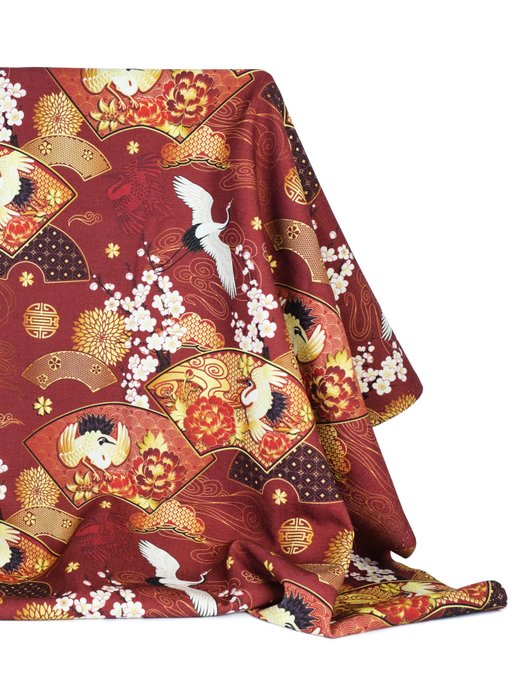 TREASURES OF THE RISING SUN - Blandet linned med kraner og japanske vifter - 380 x 140 cm - Tekstil