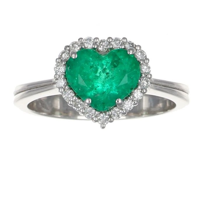 Ring Weißgold, Kolumbianischer Smaragd im Herzschliff Diamant  (Natürlich) - Smaragd 