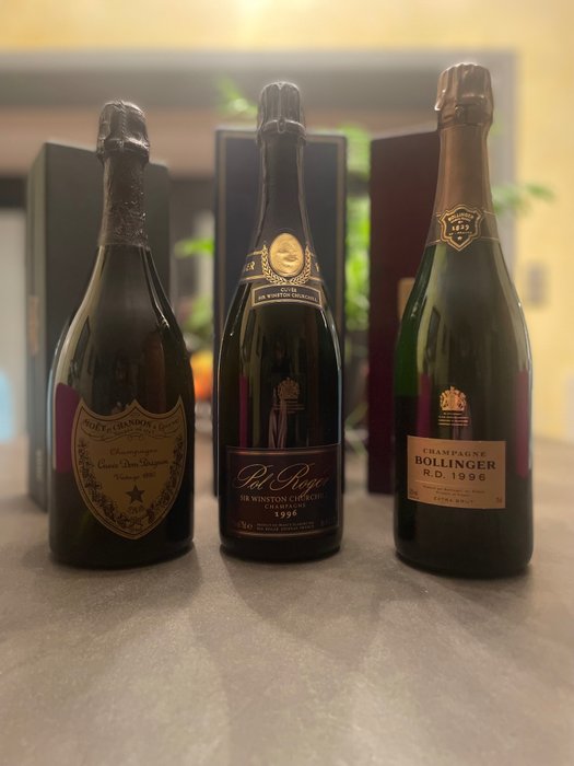 1990 Dom Perignon, 1996 Bollinger R.D. & 1996 Pol Roger Sir Winston Churchill - Champagne - 3 Flasker  (0,75 l)