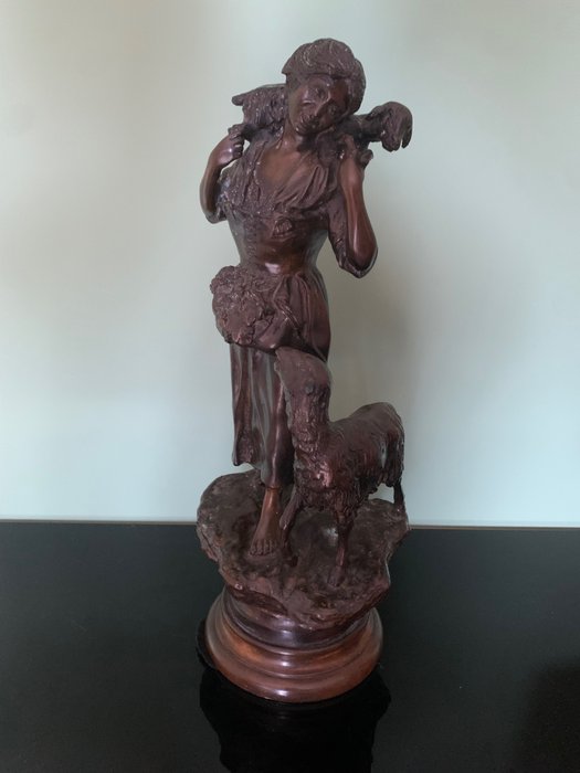 Sculpture, scena pastorale, firmata Hunt - 49 cm - Bronze