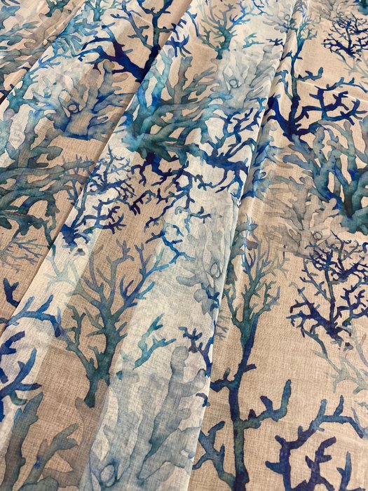 san leucio - 獨家一對藍色水彩珊瑚亞麻窗簾 - 窗簾布料 (2)  - 280 cm - 140 cm