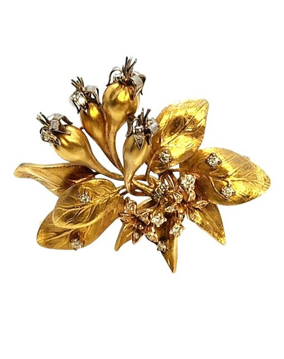 Ciondolo Spilla grande vintage in oro 18 carati e diamanti