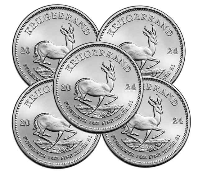 South Africa. 1 Rand 2024 Silver Krugerrand Coin in capsule, 5 x 1 oz
