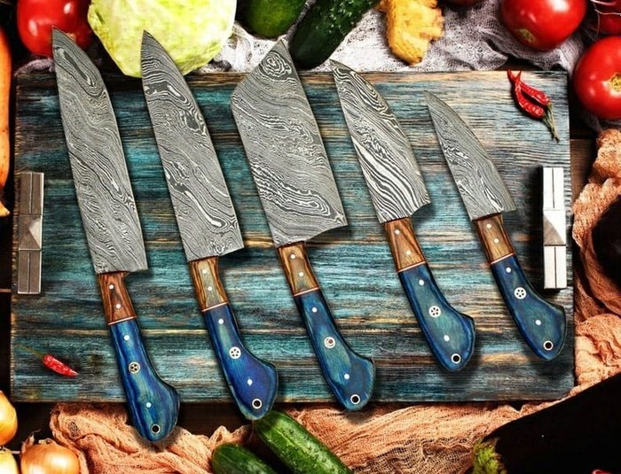 厨刀 - 亚洲 5 件套定制手工大马士革钢厨师套装 - 5 件套厨房刀具套装 Pakka 木材， - 亚洲