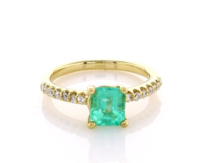 1.12 Tcw Emerald & Diamonds ring - Ring Gelbgold Smaragd - Diamant 
