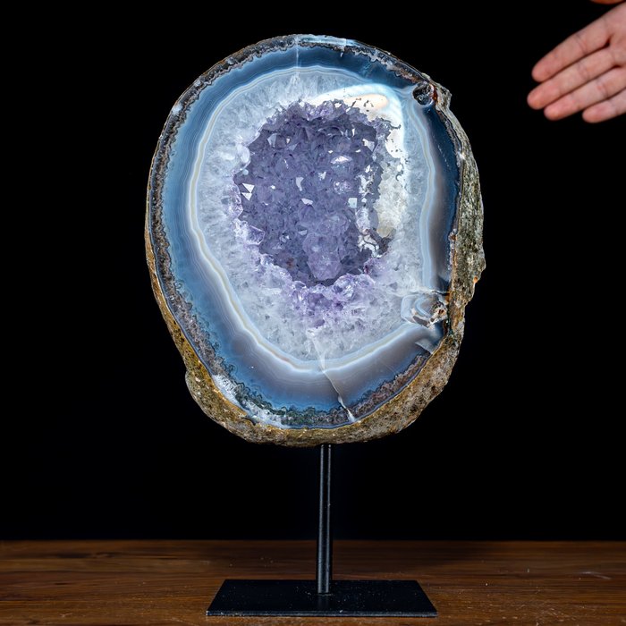 Druză naturală de ametist-agat cu cristale de calcit pe suport, Uruguay- 3598.76 g