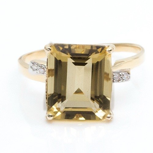 没有保留价 戒指 - 黄金 方形 黄水晶 - 钻石 