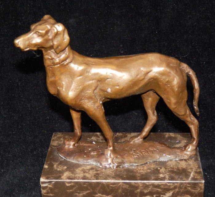 Sculpture, Zware Bronzen hond op marmeren voet - Naar Louis-Albert Carvin (1875-1951) - 19 cm - Bronze, Marble - 2000