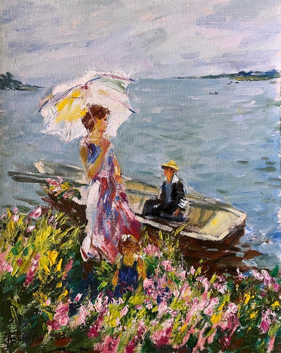 Anatoly Belonog (1946) - Jardins Fleuris au Bord de la Rivière - Promenade en Barque