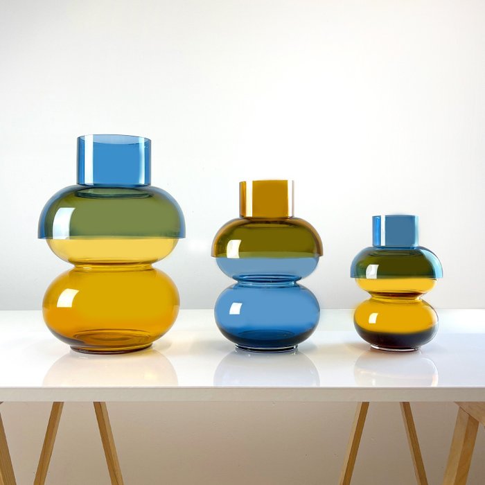 Cloudnola - Vase (3) -  Sæt med 3 - Cloudnola Supreme boblevaser i blå og gul - håndlavet og mundblæst  - Glas