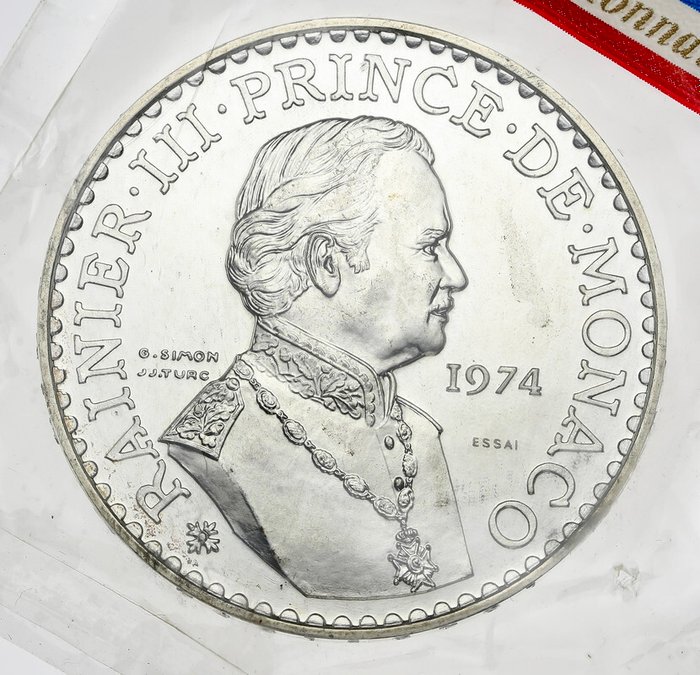 Mónaco. 50 Francs 1974 Rainier III. Essai en argent, dans son étui plastique d'origine scellé