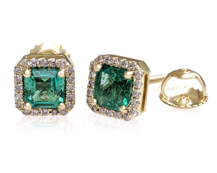 **NO RESERVE** 1.22 Carat Emerald and 0.20Ct Fancy Pink Diamond - Smaragd - 14 Karat Gold - Gelbgold - Ohrringe