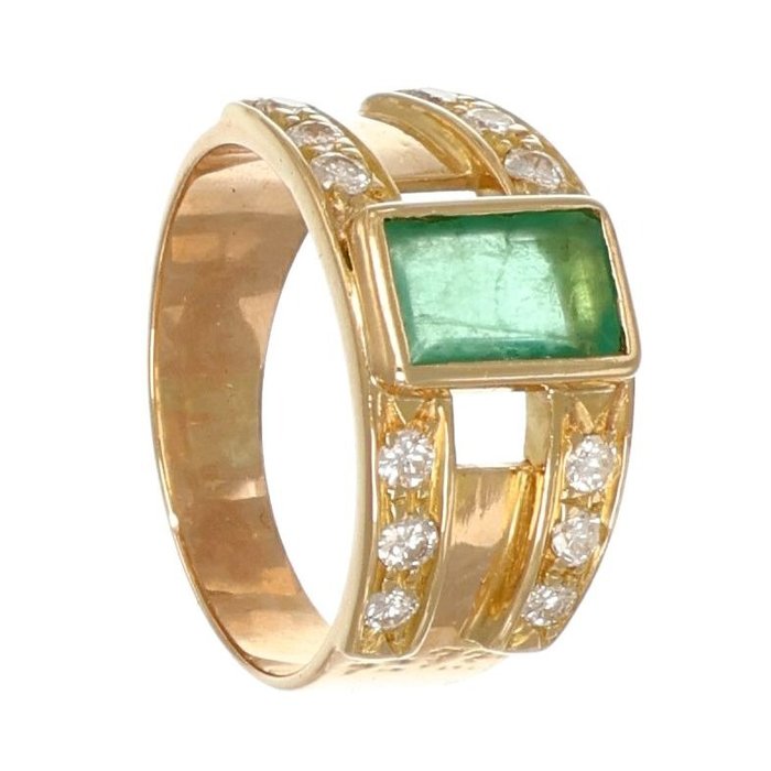 Ring Gelbgold, Smaragd 0,75 Ct – Diamanten 0,42 Ct Diamant  (Natürlich) - Smaragd 
