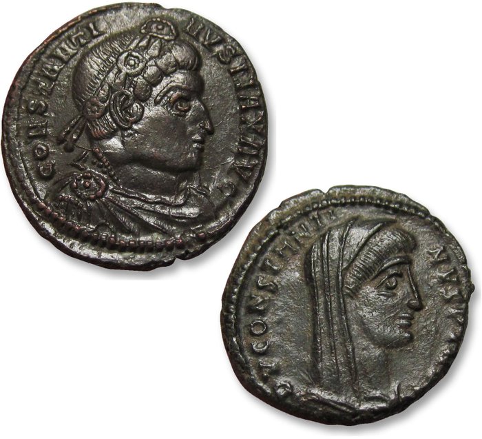 羅馬帝國. 君士坦丁大帝 (AD 306-337). Follis Group of 2 coins: one lifetime issue struck in Lyon + one posthumous issue struck in Cyzicus