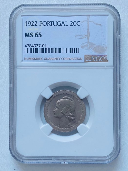 葡萄牙. Republic. 20 centavos 1922 - MS65 RARE