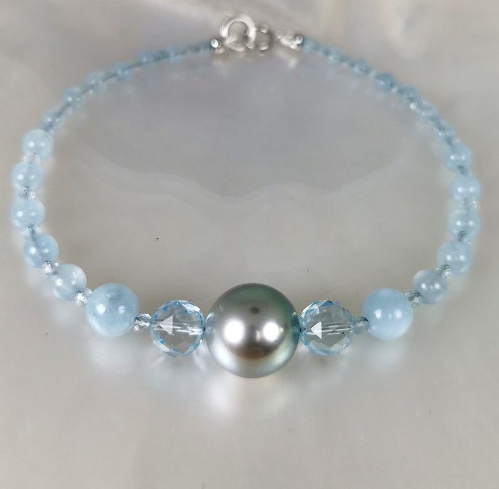 Sans Prix de Réserve - blue green Tahiti pearl RD Ø 11,2 mm with Aquamarines - Bracelet - 18 carats Or blanc Perle - Aigue-marine 