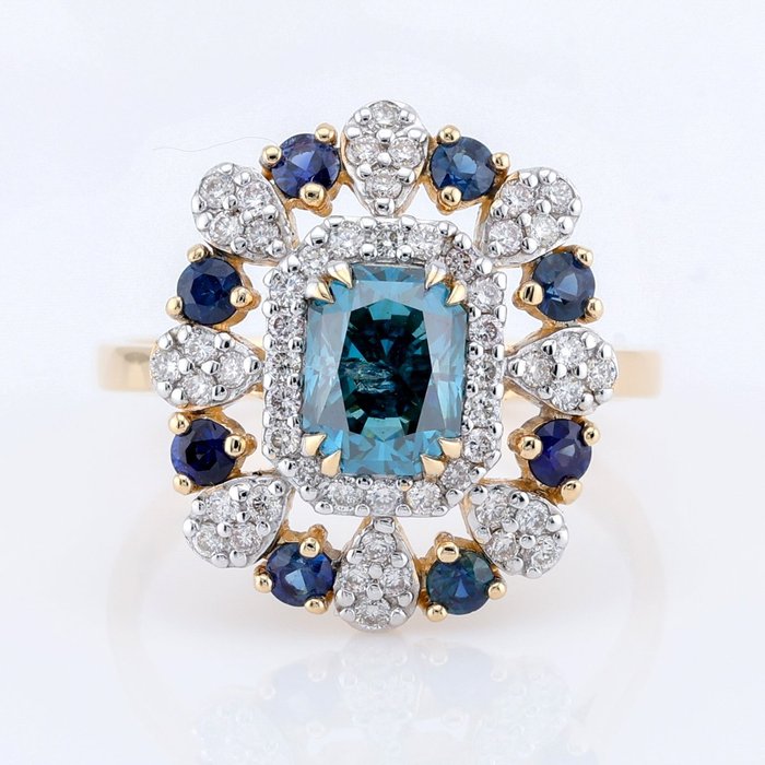 IGI Certified-Blue Diamond 1.25 Cts   - Sapphire0.49 Cts-Diamond 0.38 Cts - 14 K Bicolor - Anel - Cor tratada 1.25 ct Diamante - Diamantes, Safiras