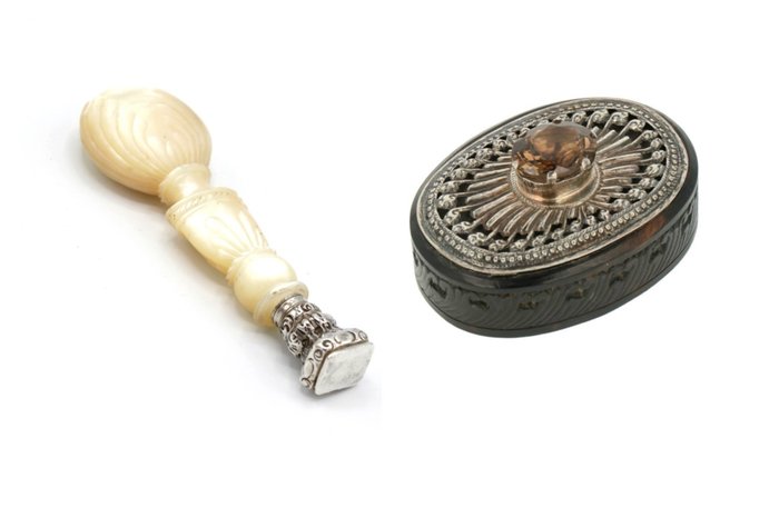 Presse papier, Wax seal, Mother of pearl, Smoke topaz (2) - .800 silver, .925 silver - Netherlands - Early 20th century