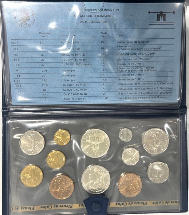 法國. Fifth Republic. Year Set (FDC) 1984 (12 monnaies) dont 2x 100 Francs argent