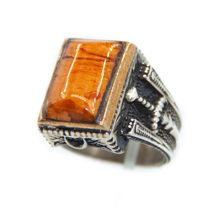 沒有保留價 - Handmade Vintage Amber Silver Ring - 1980 - 1989 - 戒指 銀 琥珀 