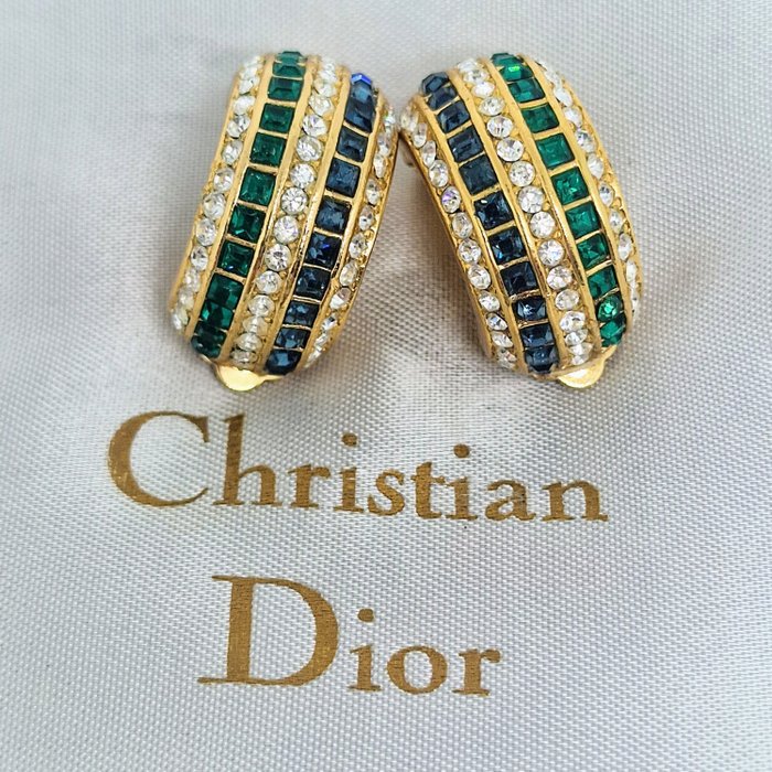 Christian Dior exquisite  emerald crystal vintage clip - Bañado en oro - Pendientes