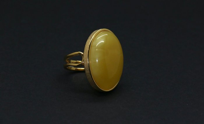 琥珀手工 925 純銀戒指 24k 金鍍波羅的海黃油琥珀 - 琥珀