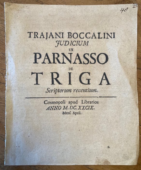 (Johann Albert Fabricius) - Traiani Boccalini Iudicium Ex Parnasso De Triga Scriptorum recentium (Schrift gegen Christian - 1689