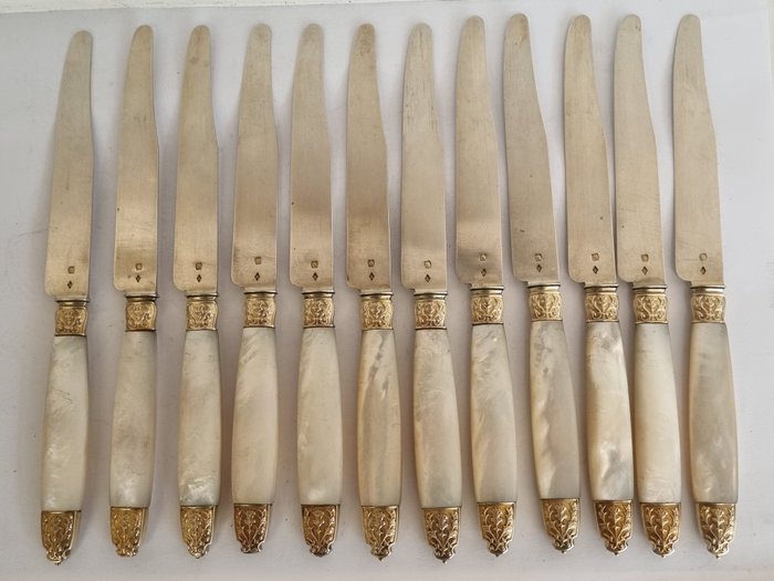 Σετ μαχαιροπήρουνων (12) - μαχαίρια φρούτων - .800 silver, Μητέρα του μαργαριταριού, Χρυσός