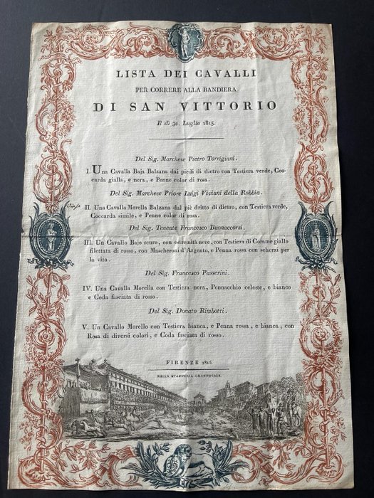 Lista Dei Cavalli Per Correre Alla Bandiera Di San Vittorio Il Dì 29 Luglio Mdcccv Descritti Secondo - 1815