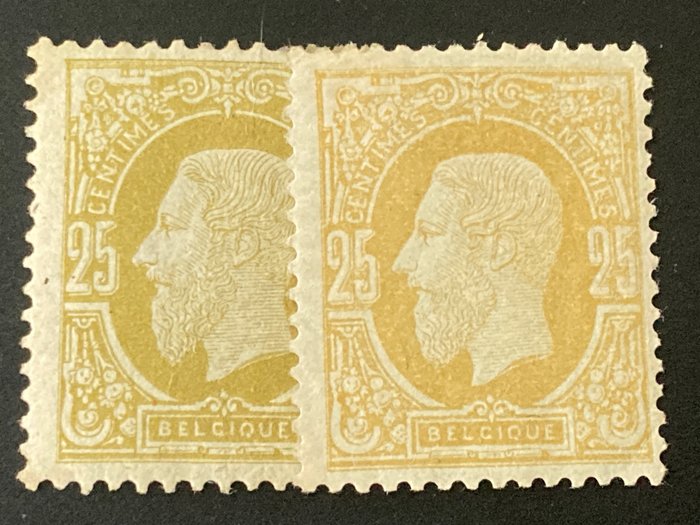 Belgio 1875 - Leopoldo II: 25c Bister oliva e Giallo oliva - OBP/COB 32
