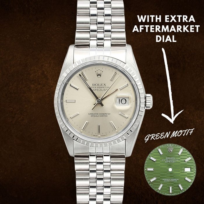Rolex - Oyster Perpetual Datejust - Silver Dial + Green Motif - 16220 - Unissexo - 1990-1999