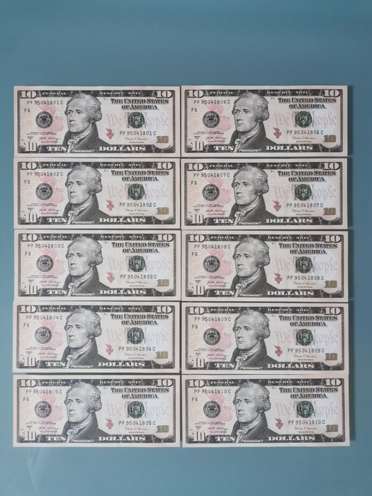 Estados Unidos. - 10 x 10 Dollars 2017-A - consecutive  (Sem preço de reserva)