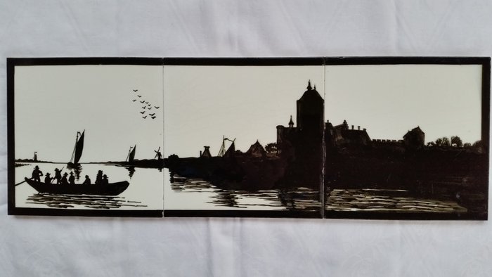 Art déco Carreau - Paysage fluvial de tableau de tuiles en peinture de silhouette - Delft, Plateelbakkerij - Art déco - 1920-1930 