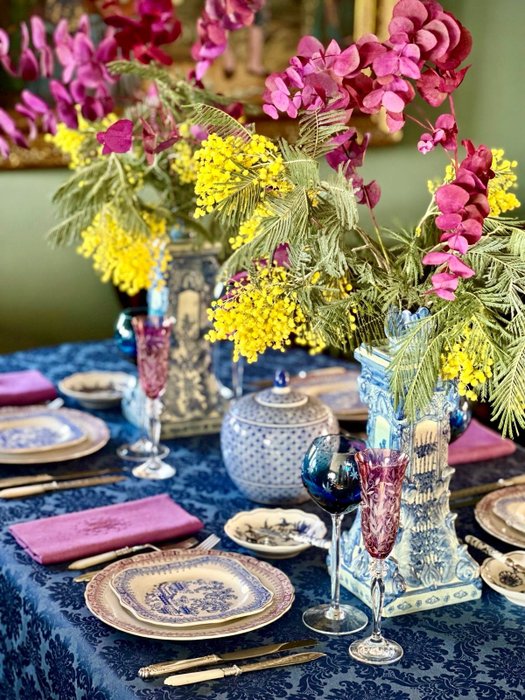 大桌子桌布, 藍色錦緞 - 桌布 - 270 cm - 180 cm