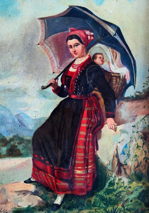 R. Valdivieso (XIX) - Femme avec parapluie