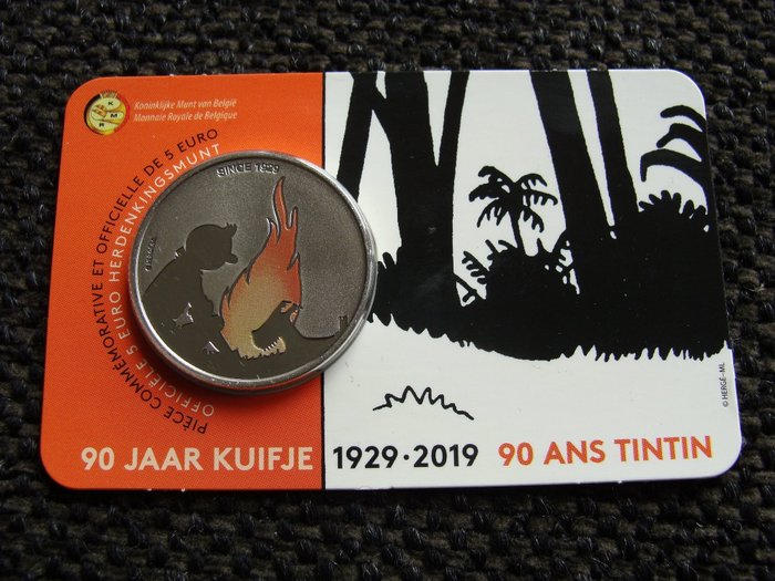 Belgien. 5 Euro 2019 "90 Jaar Kuifje" Gekleurd in coincard  (Utan reservationspris)
