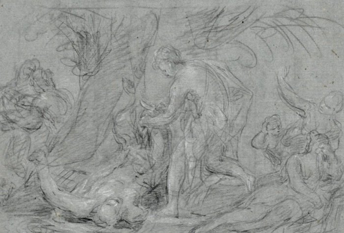 Scuola Veneta (XVII-XVIII) - Apollo scortica Marsia (fronte); Figura maschile di spalle (retro)